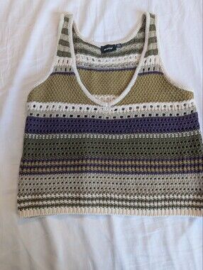 RD Style Crocheted Stripe Tank in Olive, Purple & Cream